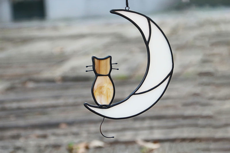 Orange Tabby Cat On Moon Stained Glass Window Hangings,Tabby Cat Decoration suncatcher Hanging Ornament Gift for Mom,Cat Memorial Gifts for Cat Lovers, Pet Loss Sympathy Gift (Yellow) Yellow - PawsPlanet Australia