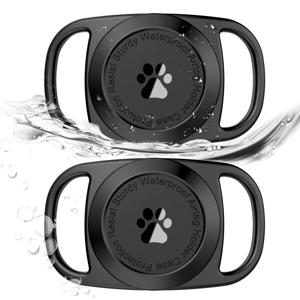 Waterproof AirTag Dog Collar Holder [2 Pack] - Anti-Lost Pet Collar Case with Plastic & Silicone Full-Body Protective Cover - Compatible with Apple AirTag GPS Tracker for Cats & Dogs - Black 2 Pack - PawsPlanet Australia