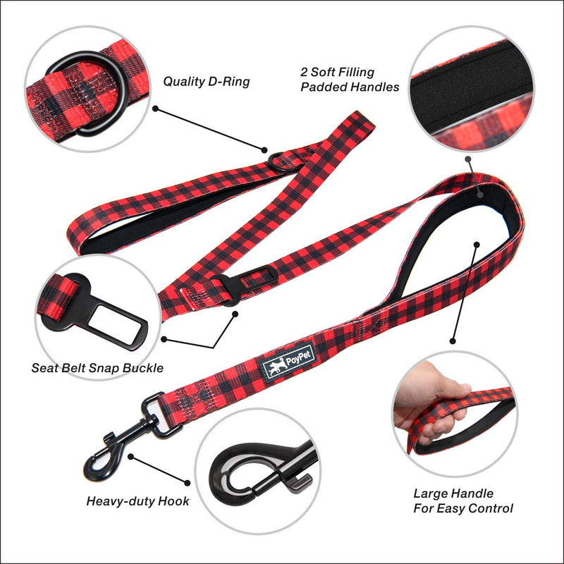 PoyPet 5 Feet Dog Leash - 2 Cushioned Handles - Functional Car Seat Belt - Fashionable Pattern, Buffalo Plaid(Checkered Red, L) L( 1'' Width ) Checkered Red - PawsPlanet Australia