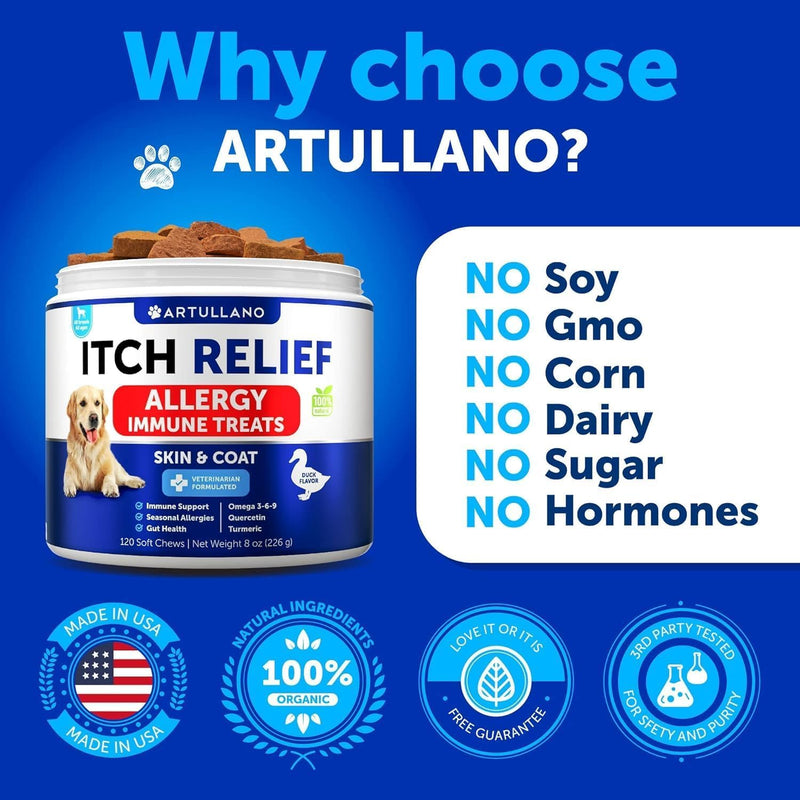 Dog Allergy Relief Chews - Itch Relief for Dogs - Fish Oil - Omega 3 - Itchy Skin Relief - Seasonal Allergies - Anti Itch Support & Hot Spots - Immune Health Supplement for Dogs 120 Treats