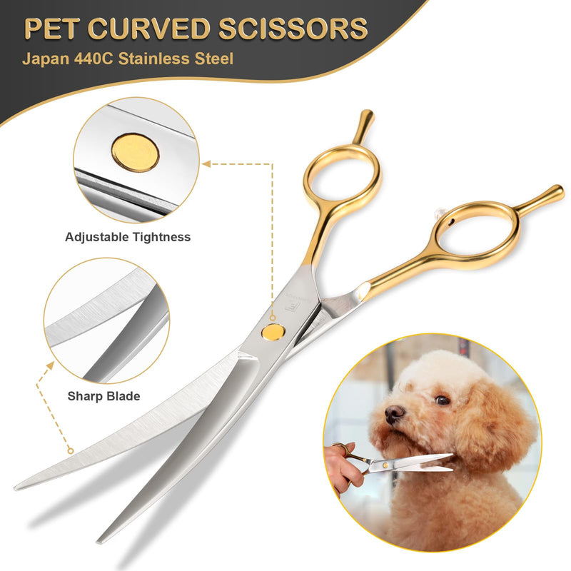 6 in 1 Dog Grooming Scissors Set - Durable Stainless Steel Golden Dog Grooming Shears Curved, Thinning & Straight - Poodle Grooming Kit Dog Groomer Gifts with Safe Tips for Home DIY/Professional Use - PawsPlanet Australia
