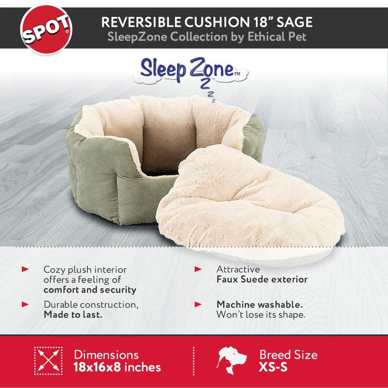 SPOT Sleep Zone Small Pet Bed - High Wall, Reversible Cushion Bed for Indoor Cats & Small Dogs, Durable Faux Suede, Machine Washable for Pets Under 10lbs and 15 inches Long - 18x16in, Sage Green 18x16" - PawsPlanet Australia