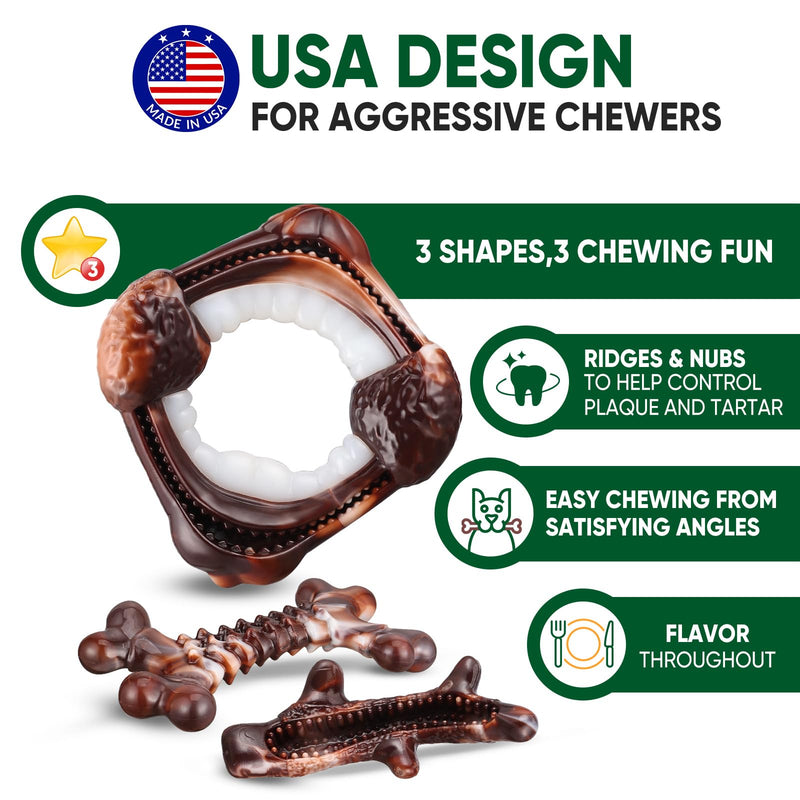 Dog Toys, 3-Pack Indestructible Dog Chew Toys for Aggressive Chewers, Nylon Durable Dog Toys for Medium Large Breed, Bacon Flavored Tough Dog Bones Chew Toys for Super Chewer Dentalbone - PawsPlanet Australia