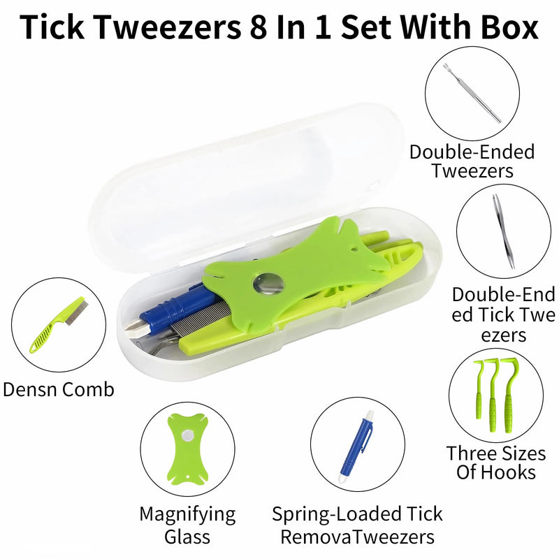 Tick Removal Tool 8 in 1 with Storage Box, Flea Comb, Magnifying Glass, Tick Tweezers, Dog Tick Remover Tool Tick Removal Kit Tick Removal Tool for Dogs Cats Pet Tick Comb - PawsPlanet Australia