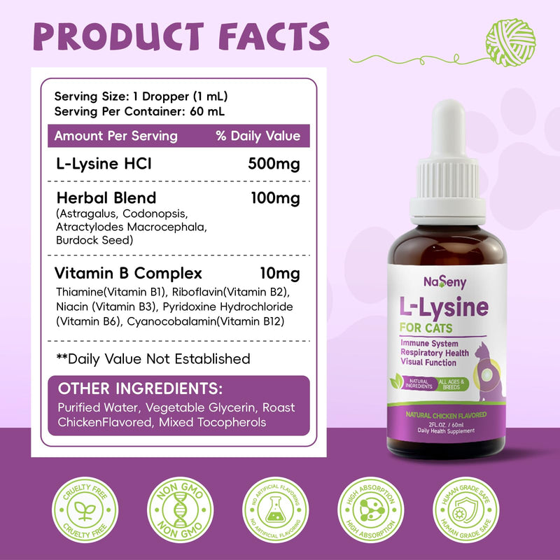 L-Lysine for Cats, L-Lysine Supplement for Cats, Immune Support, Respiratory, & Eye Health with Astragalus, Codonopsis,& Vitamin B Complex, Eases Sneezing, Runny Nose, and Watery Eyes, 2FL oz