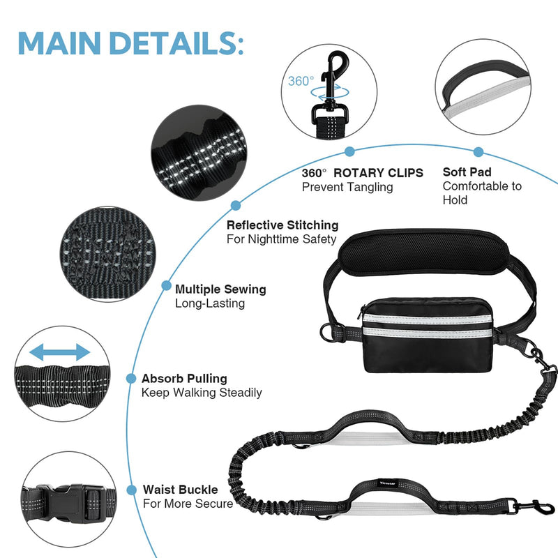 Hands Free Dog Leash with Pouch, Double Leash for Two Dogs, Retractable Bungee with Double Padded Handles, Dog Waist for Dog Walking,Dog Walking Accessories,Black Grey Black/Silver Gray Large 2 Leashes - PawsPlanet Australia