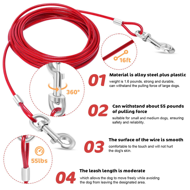 Dog Tie Out Cable and Stake, 16FT Outdoor Dog Stake for Yard Training, Running, Hiking,Camping, 16 Inch Heavy Duty Dog Anchor Spiral Stake for Small to Medium Dogs(Red) red-16FT - PawsPlanet Australia