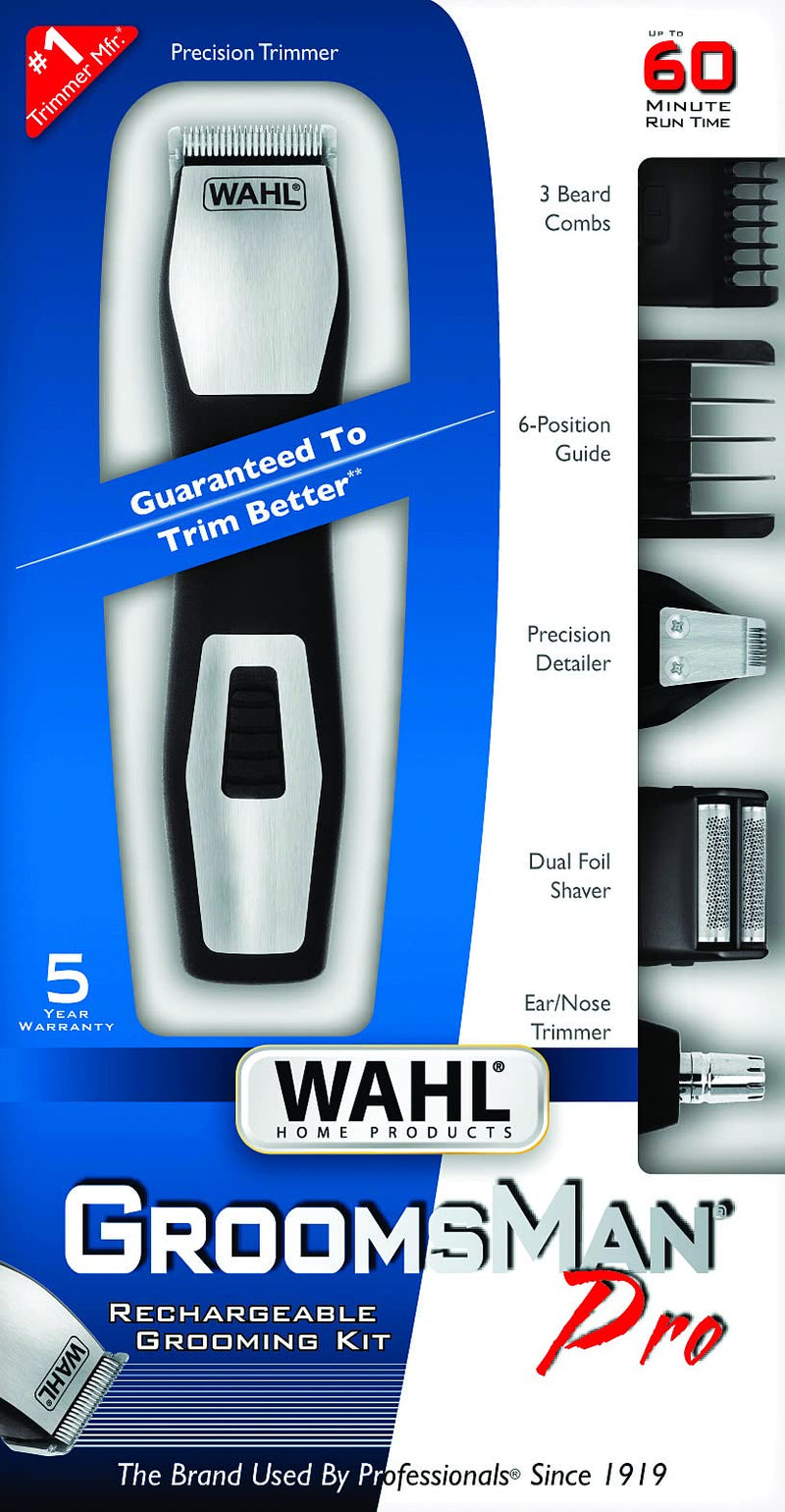 Wahl 9855-300 Groomsman Pro All-in-one Rechargeable Grooming Kit, Black/Silver 11 Piece Set - PawsPlanet Australia