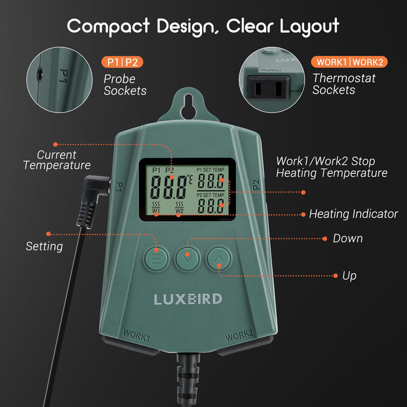 LUXBIRD Reptile Thermostat Controller (250w Per Outlet), Digital Thermostat for Turtles, Lizards, Frogs, and Other Reptiles - PawsPlanet Australia