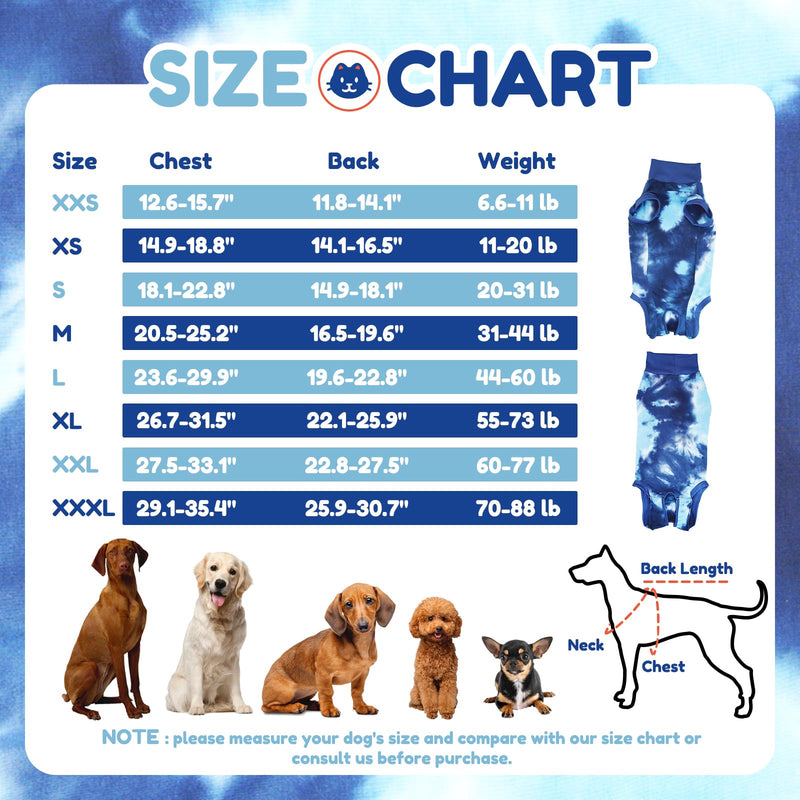 Breathable Dog Recovery Suit for Male/Female, Tie Dye Blue Dog Onesie for Abdominal Wounds, Cone E-Collar Alternative After Surgery to Anti-Licking, Professional Surgery Suit for Dogs XX-Small - PawsPlanet Australia