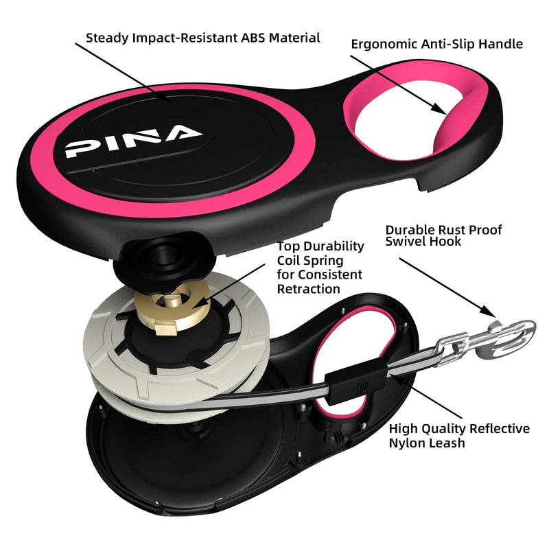 PINA Retractable Dog Leash, 26ft Dog Leash for Small Medium Large Dogs Up to 110lbs, 360° Tangle-Free Strong Reflective Nylon Tape, with Anti-Slip Handle, One-Handed Brake, Lock - Black Pink 26 ft - PawsPlanet Australia