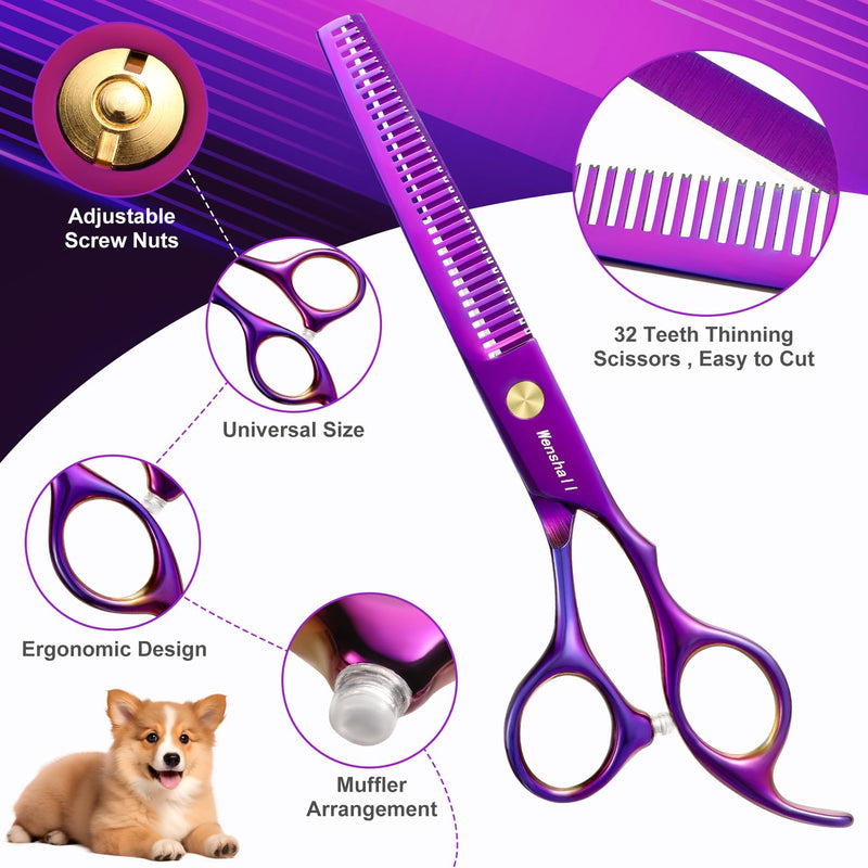 Professional Dog Grooming Scissors Set - 6.5" Thinning, 7" Straight, 7" Up-Curved, 7" Down-curved Scissors and Comb for Dog Cat Pet (Purple) Purple - PawsPlanet Australia