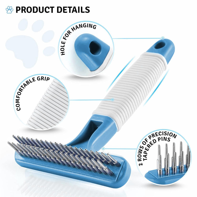 POODLIE Poodle Pet Dog Grooming Rake | Dematting Tool with Stainless Steel Shedding Comb for Pets | 2 Rows of Pins Gently Remove Loose or Tangled Hair from Undercoat (Blue) Blue
