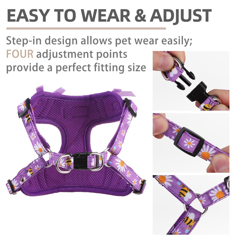 PUPTECK Dog Harness and Leash Set Small Sized, Step in No Pull Adjustable Puppy Cat Harness Reflective Pet Vest S (13-17lbs, Chest 15"-18") #2 Purple(Daisy Print) - PawsPlanet Australia