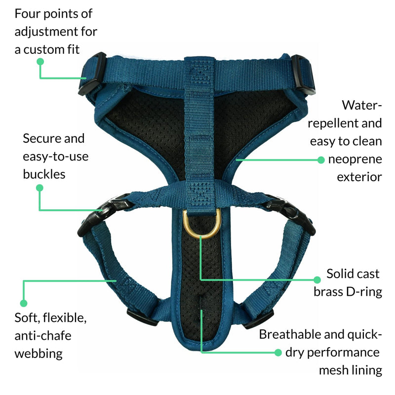 DJANGO Adventure Dog Harness – Comfortable, Durable, and Reflective Neoprene Dog Harness for Outdoor Adventures and Everyday Wear – Adjustable Design with Solid Brass Hardware (Small, Indigo Blue) S