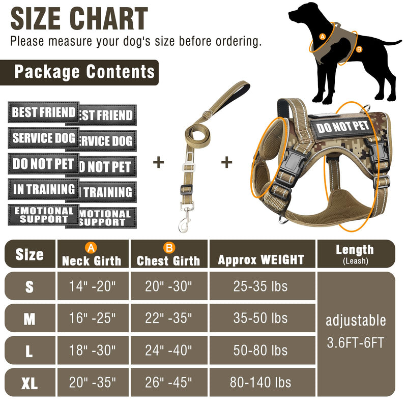 Tactical Dog Harness and Leash Set Medium Sized Dog,Heavy Duty No Pull Service Dog Vest and 10 Patches with Dog Seat Belt,Reflective Adjustable Pet Harness for Training Walking Hiking Camo M Desert Camo