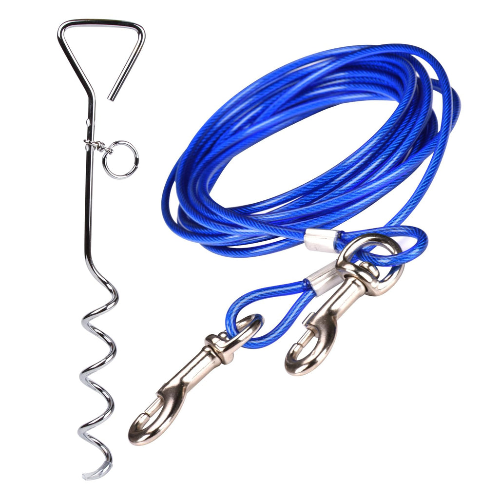 10ft (3m) Dog Tie Out Cable with 18 Inch Spiral Ground Stake Spike Out for Outdoor Yard and Camping Small to Medium Dogs 10ft cable, 18" stake Blue