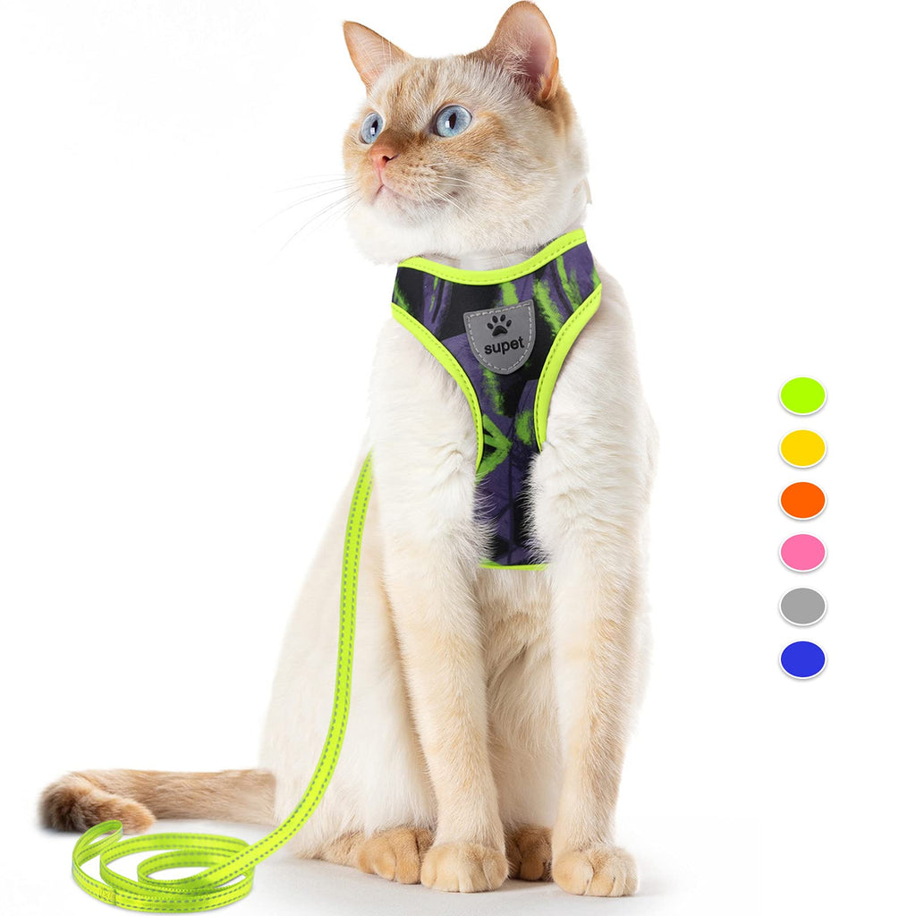 Supet Cat Harness and Leash Escape Proof, Adjustable Breathable Cat Vest Harness with Reflective Trim, Cat Leash and Harness Set for Large Small Cats Kittens Puppies Green M（Chest:11.0-18.3'')