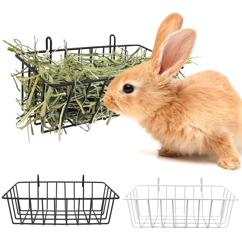 Rabbit Hay Feeder - 2Pcs Metal Rack Hay Holder for Guinea Pig Small Animals Grass Rack for Bunny Chinchilla Cage Reduce Mess 9x4x3 Inch 1 Black & 1 White