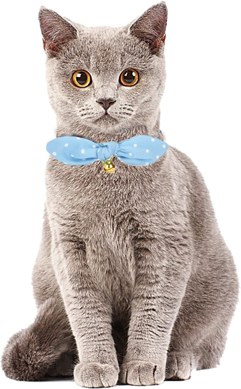 Bowtie Cat Collar with Bell, 2 Pack Cotton Breakaway Kitten Collars with Removeable Bow Stylish Cat Collars, Gradient Plaid & Polka Dot Blue 7.5-11.4 Inch (Pack of 2) Polka Dot + Plaid