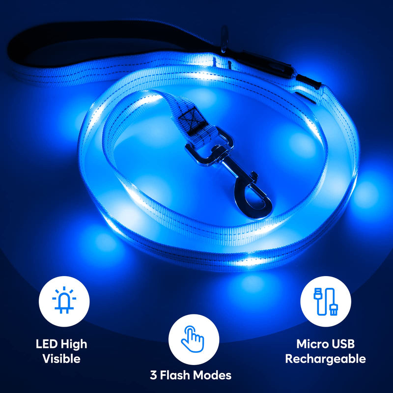 KOSKILL 4 Ft Led Dog Leash, Rechargeable Light Up Dog Leash Waterproof, Safety Glow in The Dark Dog Leash for Night Walking, Nylon Reflective Leashes with Padded Handle for Small Medium Large Pets Blue - PawsPlanet Australia