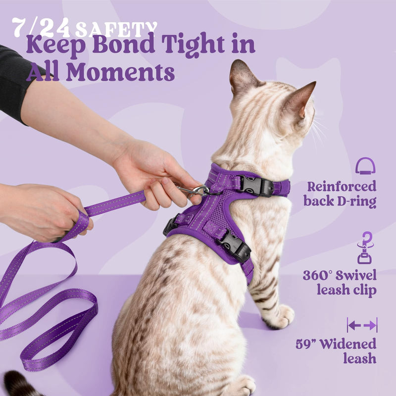 rabbitgoo Cat Harness and Lead Set, Escape Proof Kitten Harness with 3 Adjustable Buckles, Soft Comfortable Cat Vest with Leash, Easy to Wear, Reflective for Safe Outdoor Walking, Small, Purple