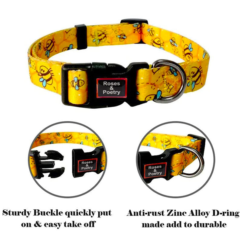 Roses&Poetry Dog Collar with Colourful Bee Patterns, Adjustable Durable Puppy Collars for Small Medium Large Dogs (Bee-XS) XS Golden