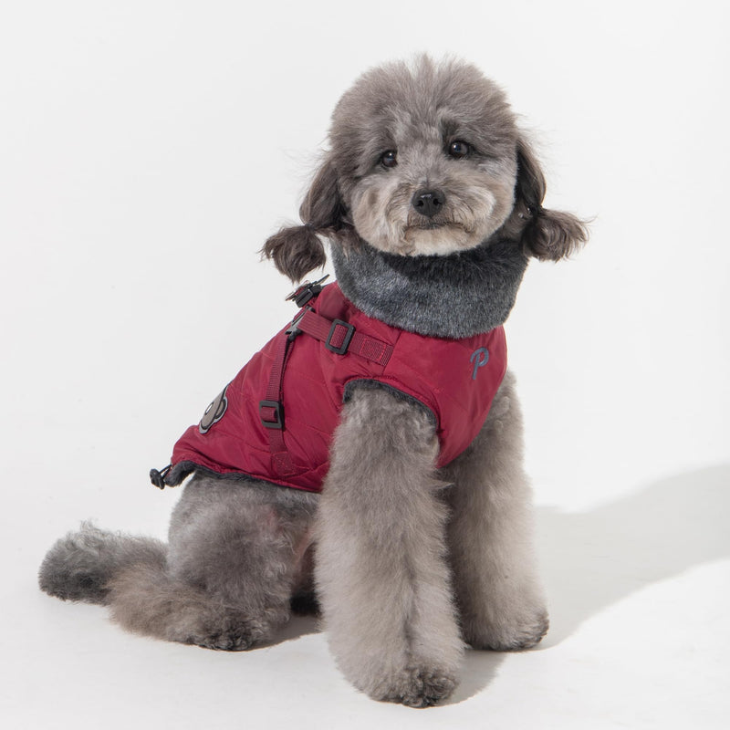 Puppia Isolde Mock Neck Full Zip up Warm Winter Jumper Vest with Integrated Harness for Small and Medium Dogs, Wine, X-Large - PawsPlanet Australia
