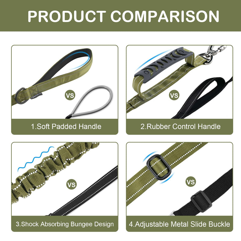 Tactical Dog Leash Heavy Duty, 4-6FT Shock Absorbing Bungee Dog Leash, Reflective Military Strong No Pull Dog Leash with 2 Padded Handle and Car Seatbelt for Medium Large Dogs, Army Green - PawsPlanet Australia