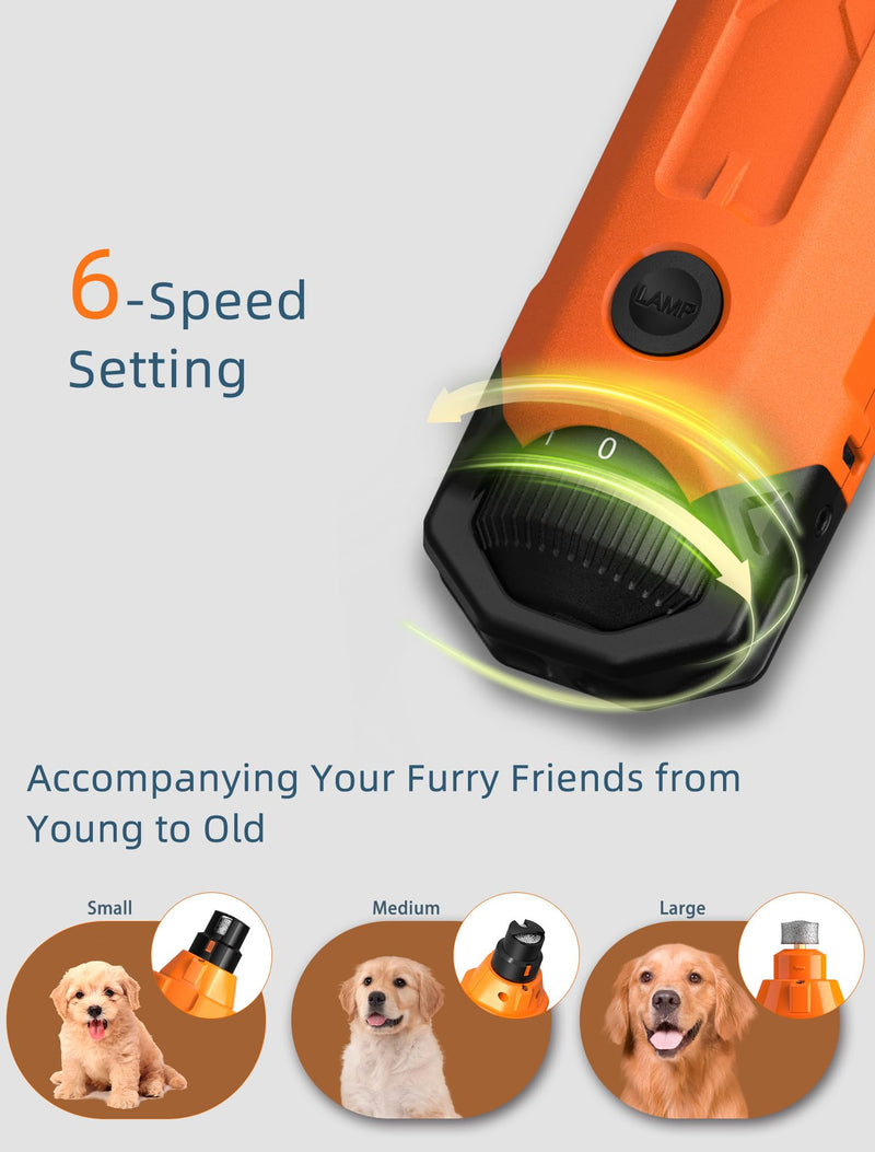 Dog Nail Grinder Super Quiet 45 db 6-Speed Pet Nail Grinder with 2 LED Lights 12000RPM & 3 Grinding Ports Dog Nail Trimmer for Large Medium Small Dogs with Dust Cap & 2 Extra Grinding Head - PawsPlanet Australia