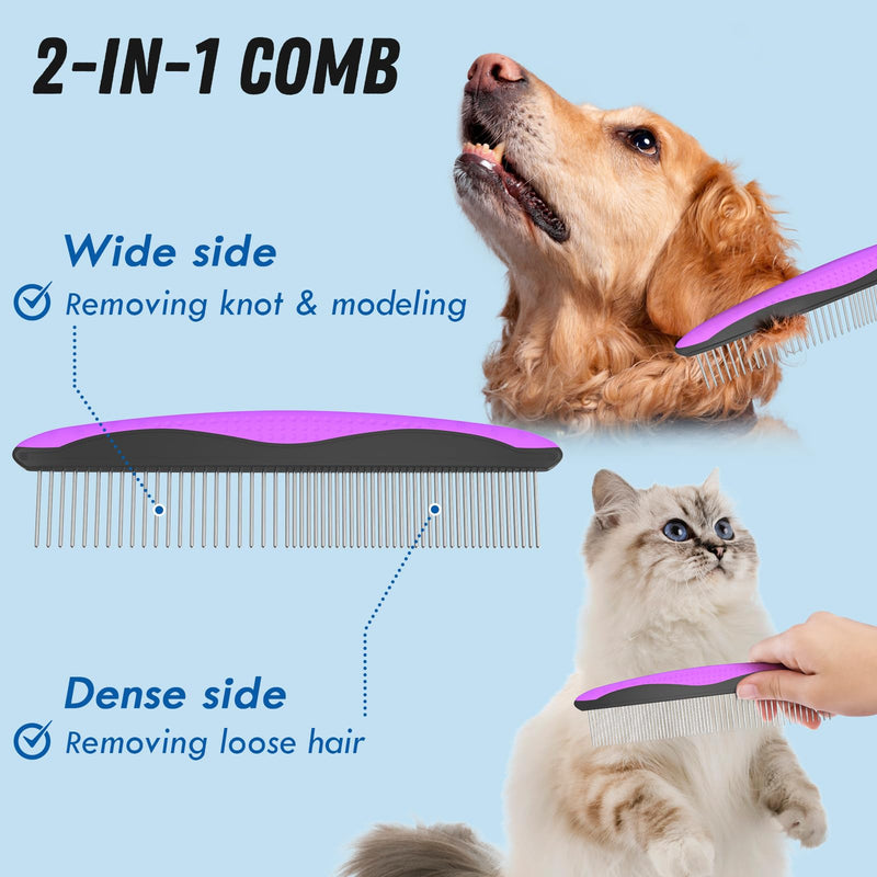 Pet Grooming Brush and Metal Comb Combo - Undercoat Rake for Dematting and Deshedding Long Matted Haired Dogs and Cats, Purple - PawsPlanet Australia