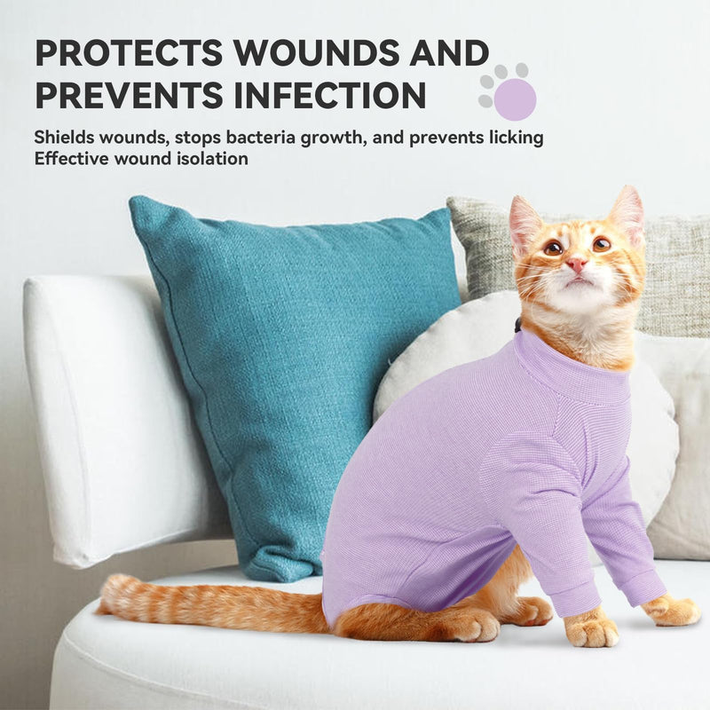 Cat Onesie for Cats After Surgery Male Female, Breathable & Soft Fabric Cats Spay Recovery Suit, Cone Alternative Surgical Suit with Leg Sleeves to Stop Licking, Cat Wound Care Shirt Wear(Purple, M) Medium Purple