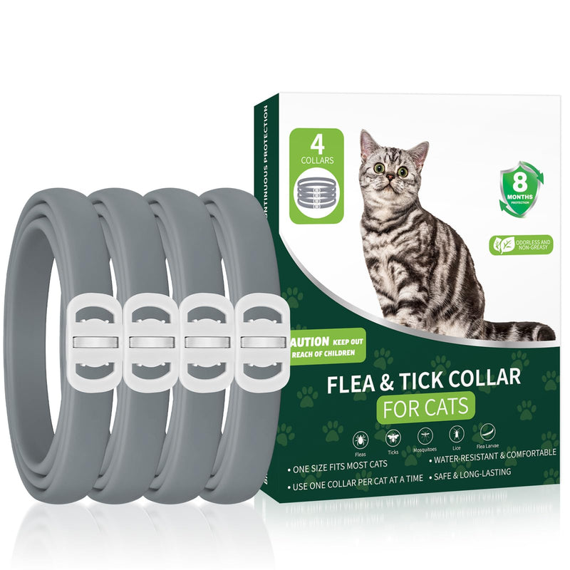 4 Pack Cat Flea Collars, Cat Flea and Tick Treatment, 32 Months Protection Flea and Tick Prevention for Cats, Waterproof Flea Collar for Cats, One Size Fits All for All Breeds, Grey