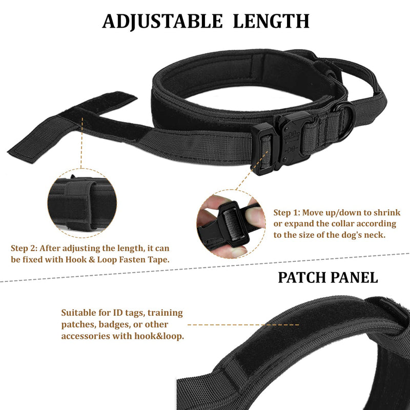 Tactical Dog Collar with Bungee Dog Leads Leash Adjustable Dog Collar with Control Handle and Heavy Metal Buckle Military Nylon Collar for Medium and Large Dogs (XL, P3-BLACK) XL - PawsPlanet Australia