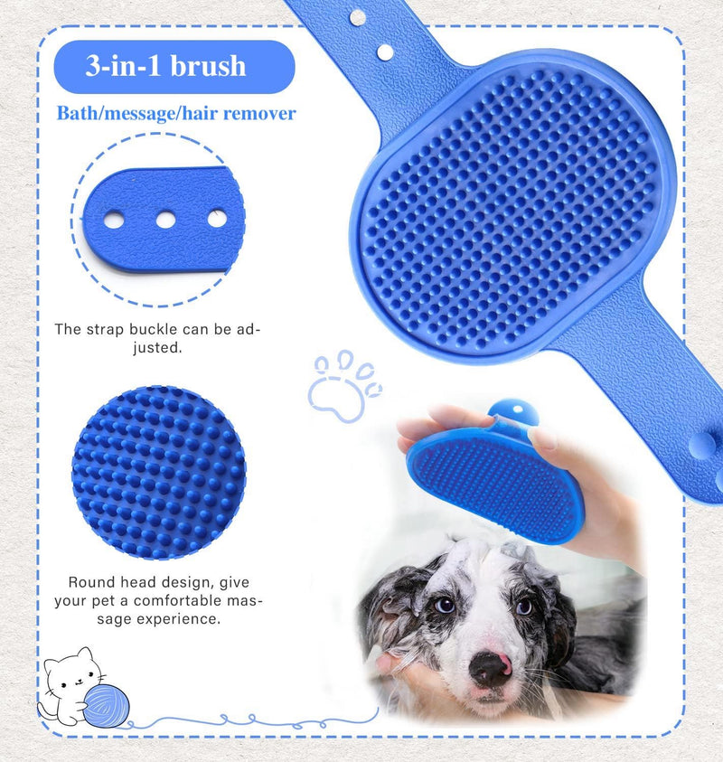 3PCS Dog Bath Brush, Dog Shampoo Brush Dog Scrubber for Bath, No Slipping Pet Shower Grooming Massaging Washing Brush with Adjustable Ring Handle for Short & Long Haired Dogs/Cats (Blue) Blue - PawsPlanet Australia