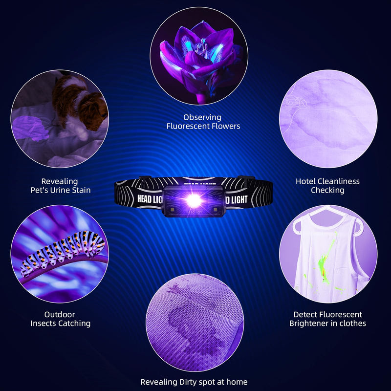 SEVENKA 2 UV Headlamp Flashlight Black Light, Rechargeable LED Hand Free Mini UV Blacklight 395nm Head Light with White & Ultraviolet Light, Detector for Pet Dog/Cat Urine Stains,Bed Bug,Scorpions - PawsPlanet Australia
