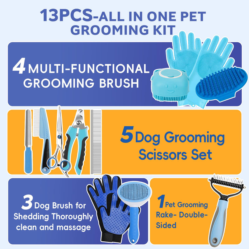 Dog Brush for Shedding 13pcs Bath Grooming Kit with Pet Nail Clipper and File - Dog Bath Brush Cat Grooming Supplies, Dematting Comb Bath Brush Shampoo Scrubber for Dogs and Cats Blue 13pcs - PawsPlanet Australia