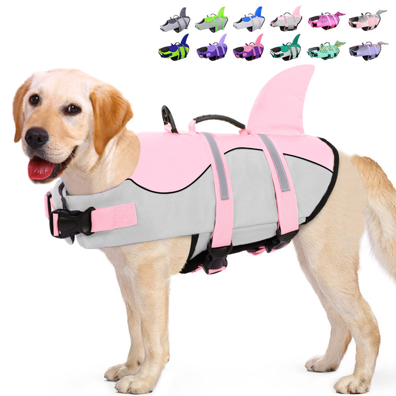 KOESON Dog Life Jacket Shark, Dog Life Vest with Rescue Handle, Ripstop Pet Float Coat for Swimming, Safety Dog Lifesaver Pet Life Preserver Swimsuit for Small,Medium,Large Dogs Light Pink 2XL XX-Large