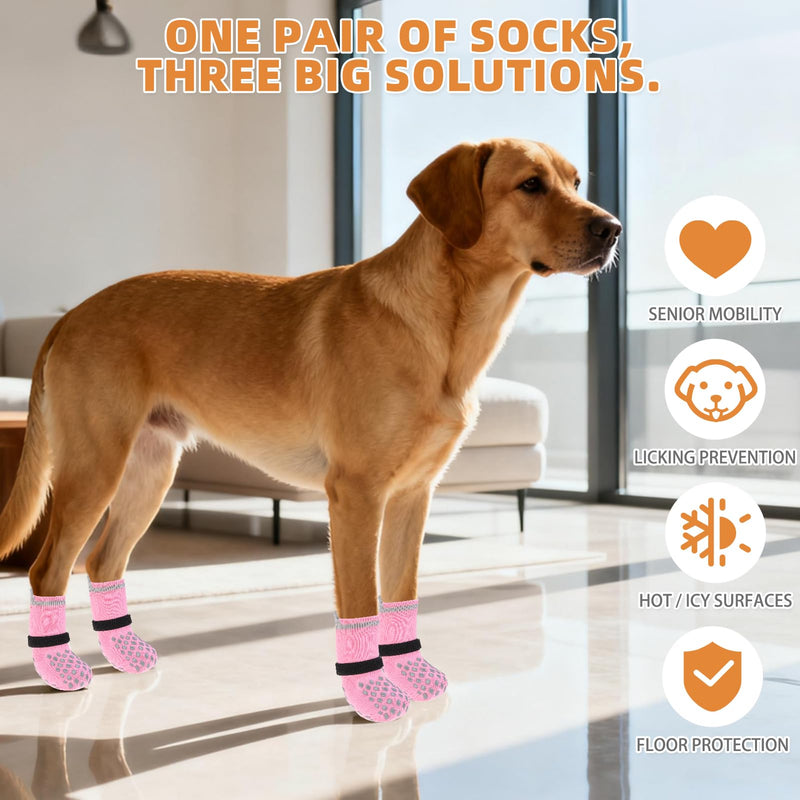 KOOLTAIL Anti Slip Dog Socks Booties to Prevent Licking Paws Scratching, Pet Boots&Paw Protector for Hardwood Floors, Dog Shoes for Winter, Traction Control Grip Socks for Small Medium Large Dogs XL X-Large（4 Pack） Pink