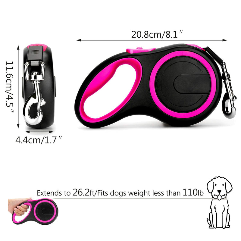Segarty 26ft Dog Leash Retractable, Dog Leash Long for Medium Large Breed Dogs Up to 110Lbs, No Tangle Nylon Tape and 1 Button Break & Lock Heavy Duty Dog Leads for Training Running, Pink 26ft(up to 110 lbs) - PawsPlanet Australia