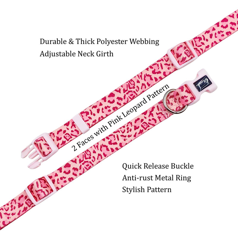 Dog Collar Leash Set, Leopard Pattern, Polyester Material, Adjustable Collar and 5ft Matching Leash, for Small Dogs.(S, Pink Leopard) Leopard Pink - PawsPlanet Australia