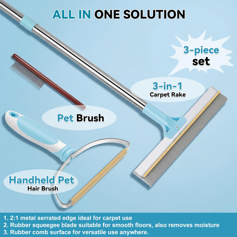 Carpet Rake for Pet Hair Removal Tool, Reusable Pet Hair Rake with 63” Adjustable Long Handle, Cat Dog Hair Remover Carpet Broom and Scraper, for Carpets, Rugs, Mats, Couch, Furniture, Car