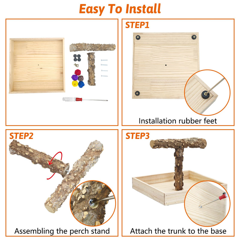BNOSDM Portable Bird Perch Stand with Potty Tray, Natural Wood Tabletop Training Gym Parrot Playground Toy for Budgies, Cockatiels, Lovebirds,Conures 1. T-Shaped Bird Stand