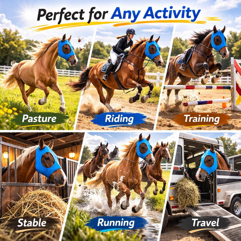 Horse Fly Mask - Arab Equine Fly Mask with Full Coverage for Eye & Ear - Stretchable, UV & Sun Protection Flymask for Horses, Ponies & Mini Horses - Horse Face Cover for Pasture & Trail - 3pack