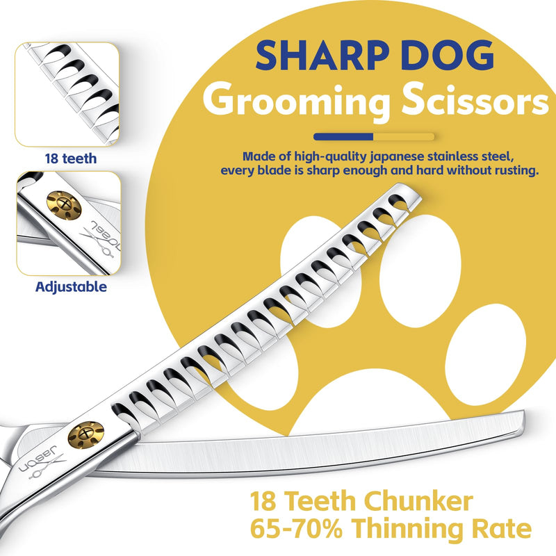JASON Dog Scissors for Grooming - 7" Up-curved Chunker Shears with 65%-70% Thinning Rate, Professional Japanese 440C Stainless Steel Dog Grooming Chunkers with Adjustable Screw (18 Teeth, Silver) Up-curved Chunkers02 - PawsPlanet Australia