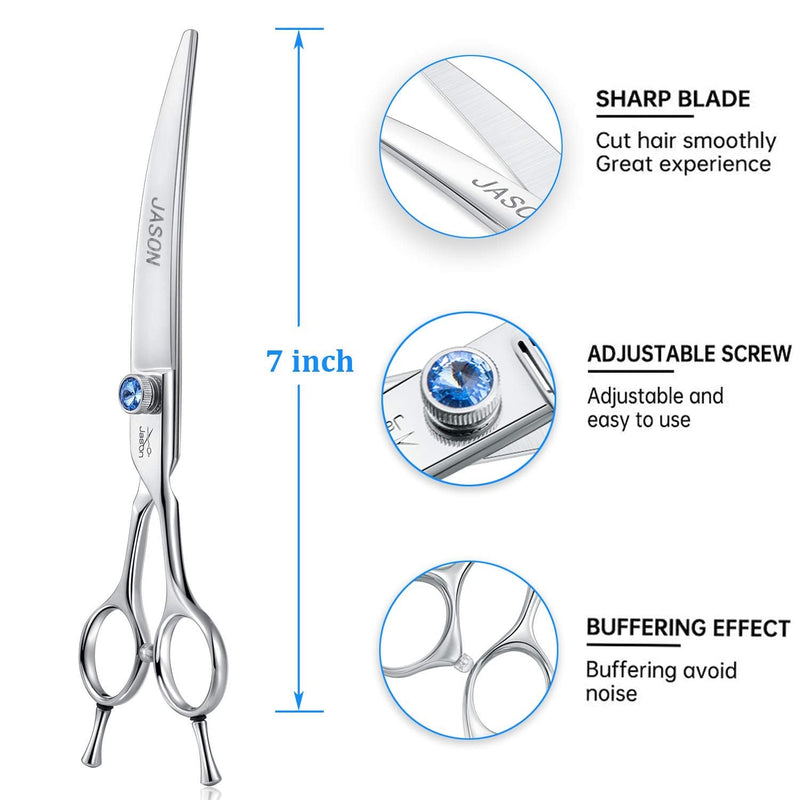 JASON 7" Curved Dog Grooming Scissors, Ergonomic Pets Cats Trimming Shears with Offset Handle and a Jewelled Screw for Right Handed Groomers, Sharp, Comfortable Christmas Gift 7.0"
