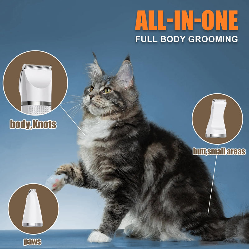 Cat Grooming Clippers Kit, Low Noise Cat Shaver for Matted Fur Claw - Paw Trimmer for Dogs with Stainless Steel Scissors Combs & USB-C Charging Cable Snow