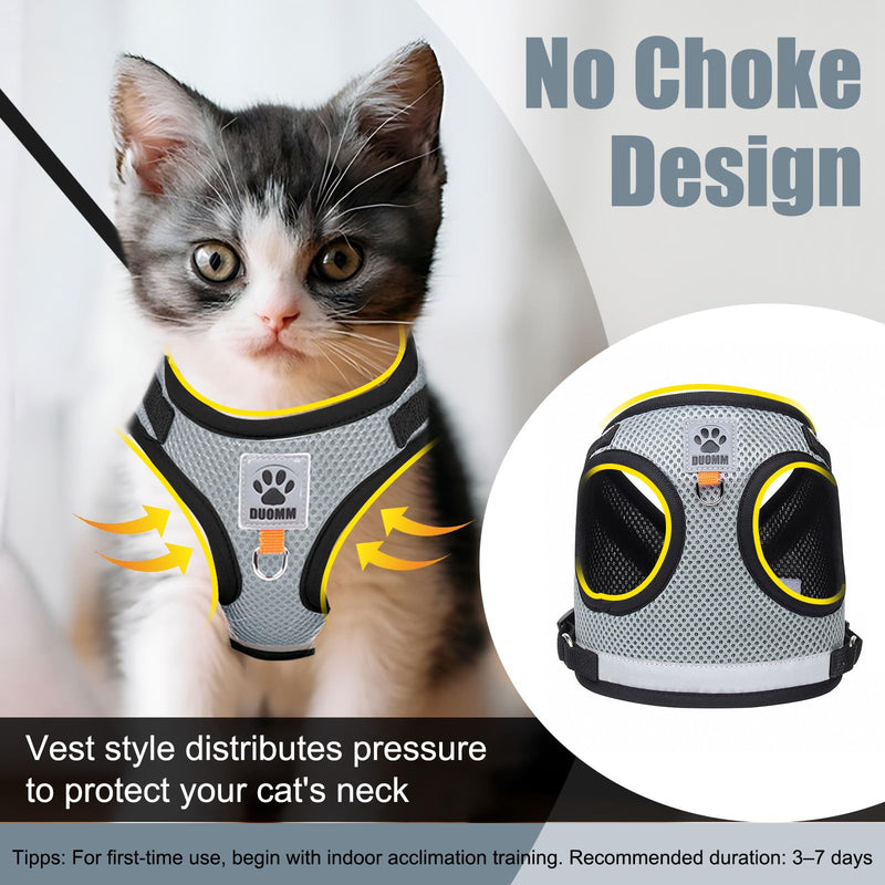 Cat Harness and Lead Set, Escape Proof Kitten Harness with Cat Leash, 16.4 Ft / 5 M Automatic Retractable Cat Lead for Garden, Reflective Adjustable Soft Vest for Small Cat Walking (Grey, M) Grey