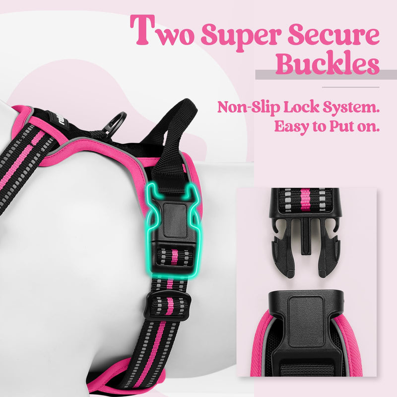 rabbitgoo Dog Harness No Pull with 2 Leash Clips, Adjustable Soft Padded, Reflective Oxford No Choke Pet Vest with Easy Control Handle for Large Dogs, Black & Hot Pink, M Medium - PawsPlanet Australia