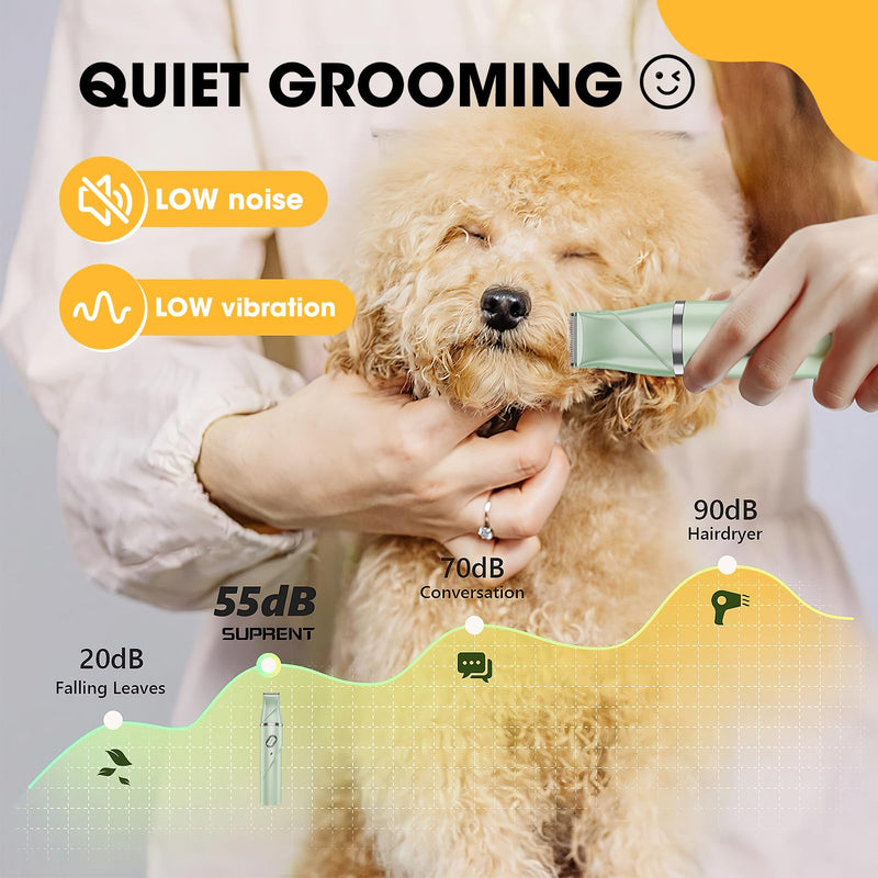 Upgrade Dog Grooming Kit, Cordless Dog Paw Trimmer, 4 in 1 Low Noise Pets Hair Clipper Grooming Kit, 2-Speed Nail Grinder with Stainless Steel Blade for Small Pet with Thick Coats (Green) Green - PawsPlanet Australia
